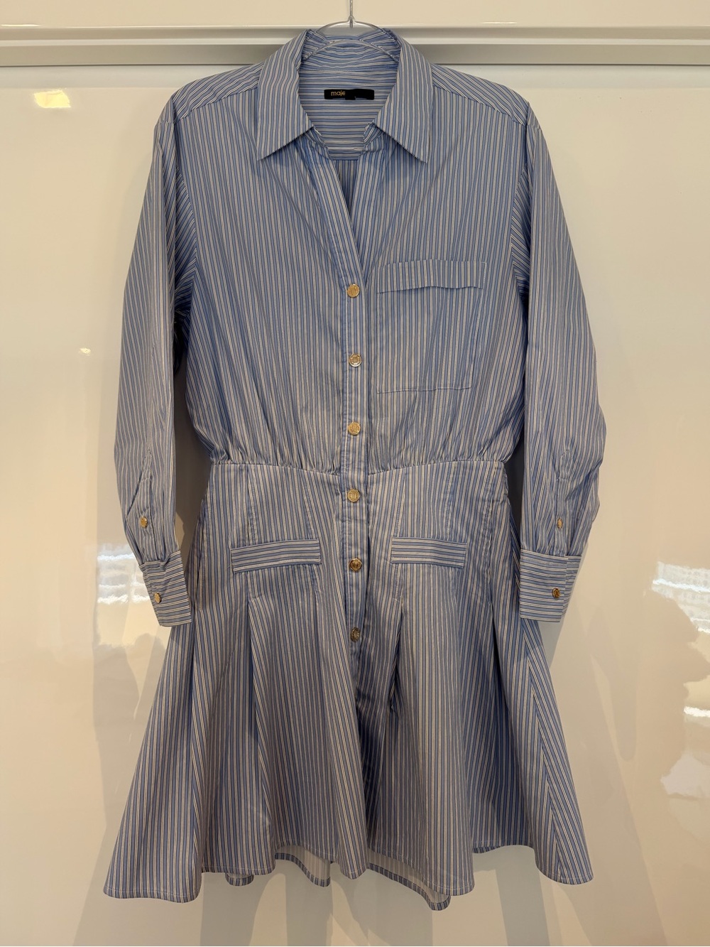 Maje Blue and White Striped Long-Sleeve Shirt Dress with Gold Buttons